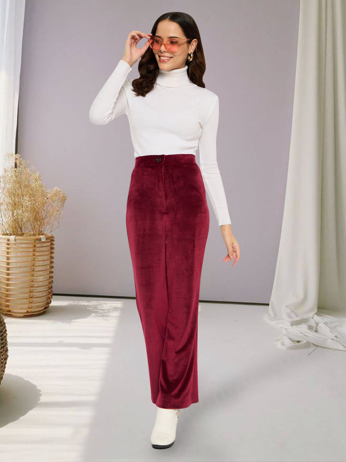 Women Maroon Velvet Corduroy Trouser