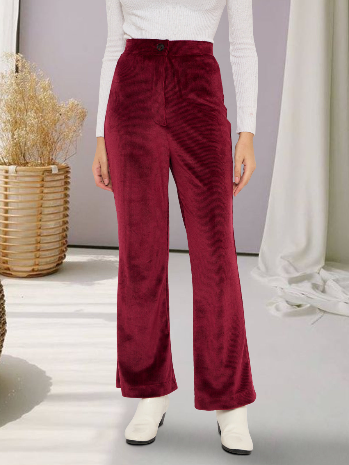 Women Maroon Velvet Corduroy Trouser
