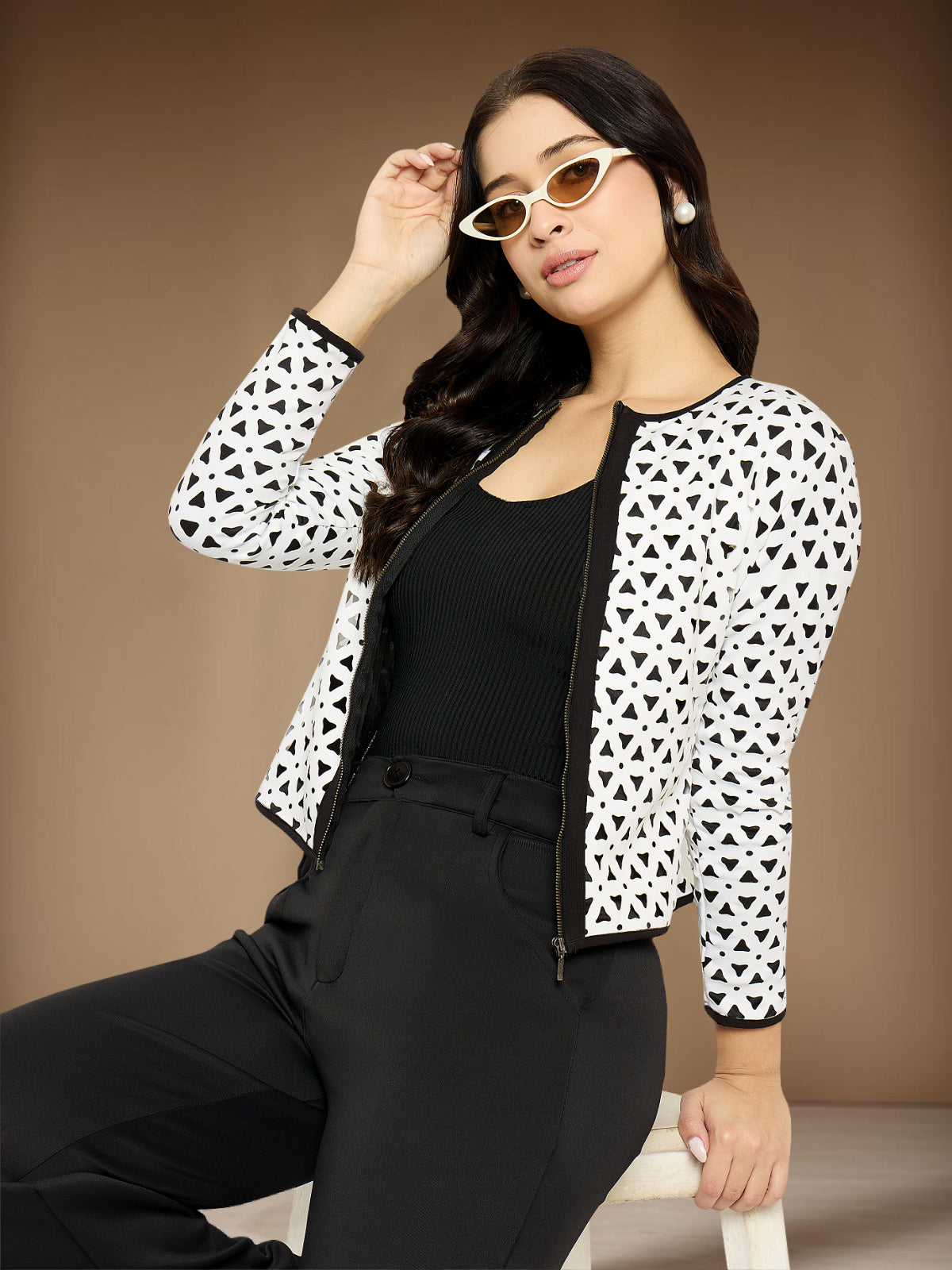 Women White Laser Cut Biker Jacket