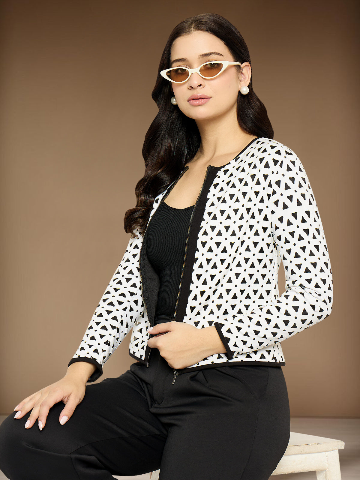 Women White Laser Cut Biker Jacket