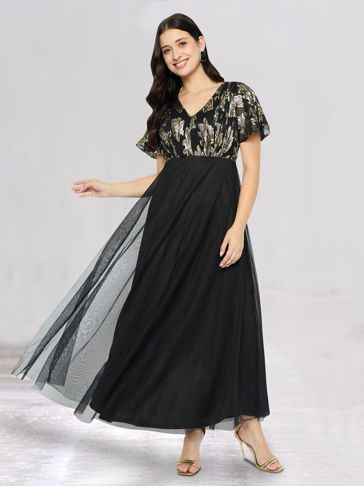Women Black Golden Butterfly Sleeve Gown