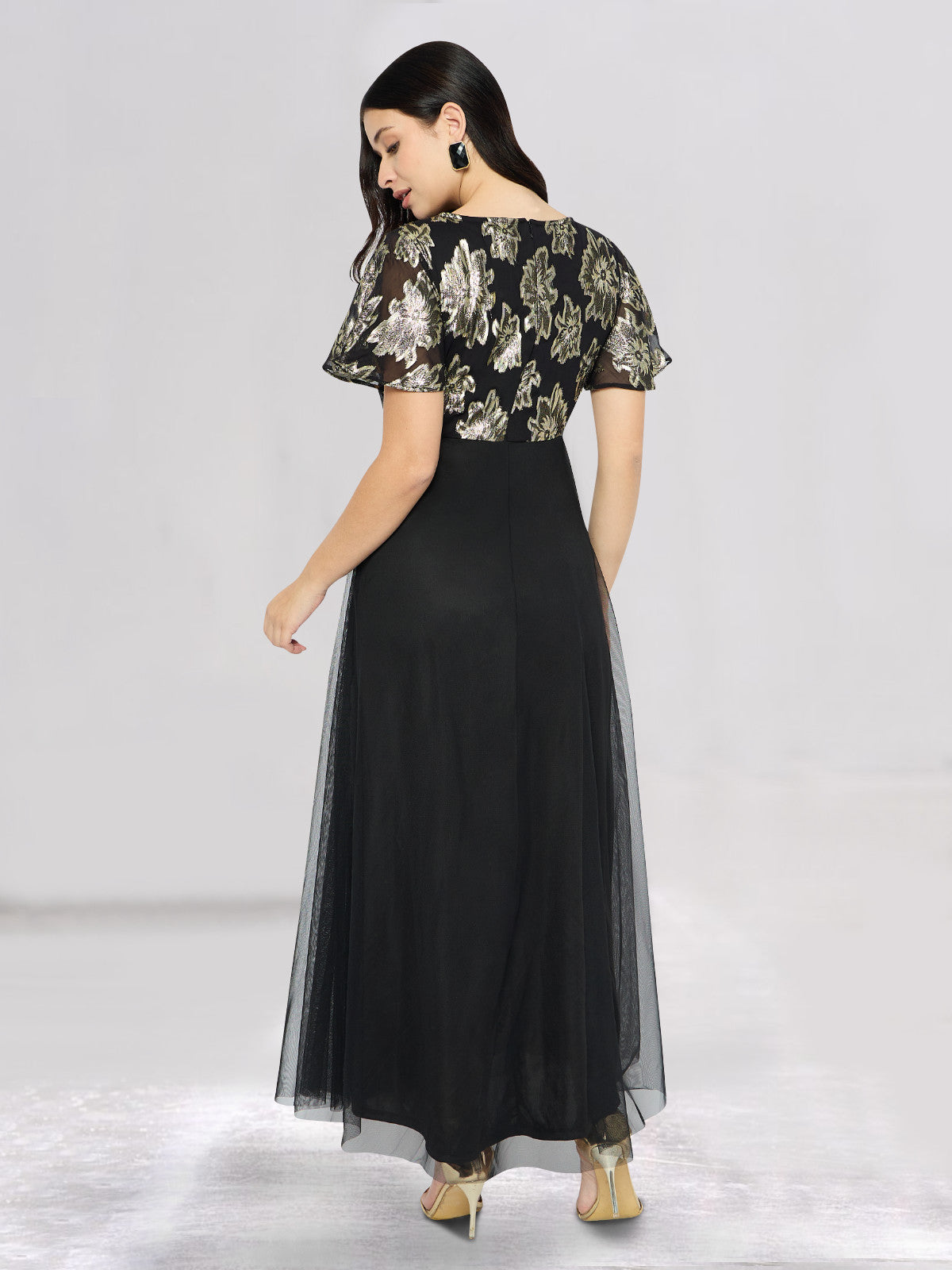 Women Black Golden Butterfly Sleeve Gown