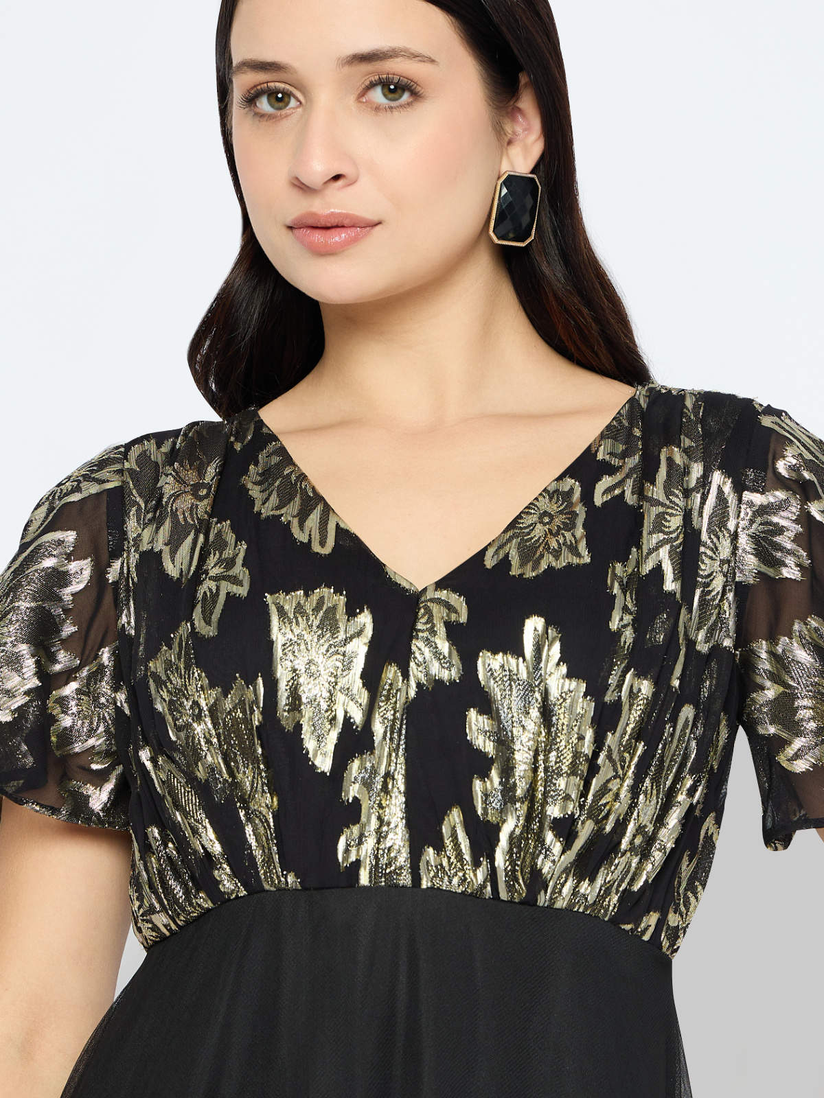Women Black Golden Butterfly Sleeve Gown