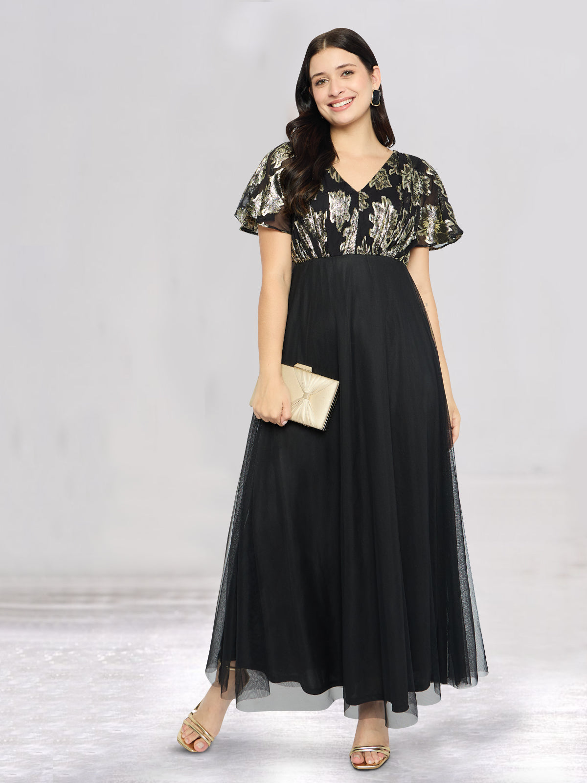 Women Black Golden Butterfly Sleeve Gown