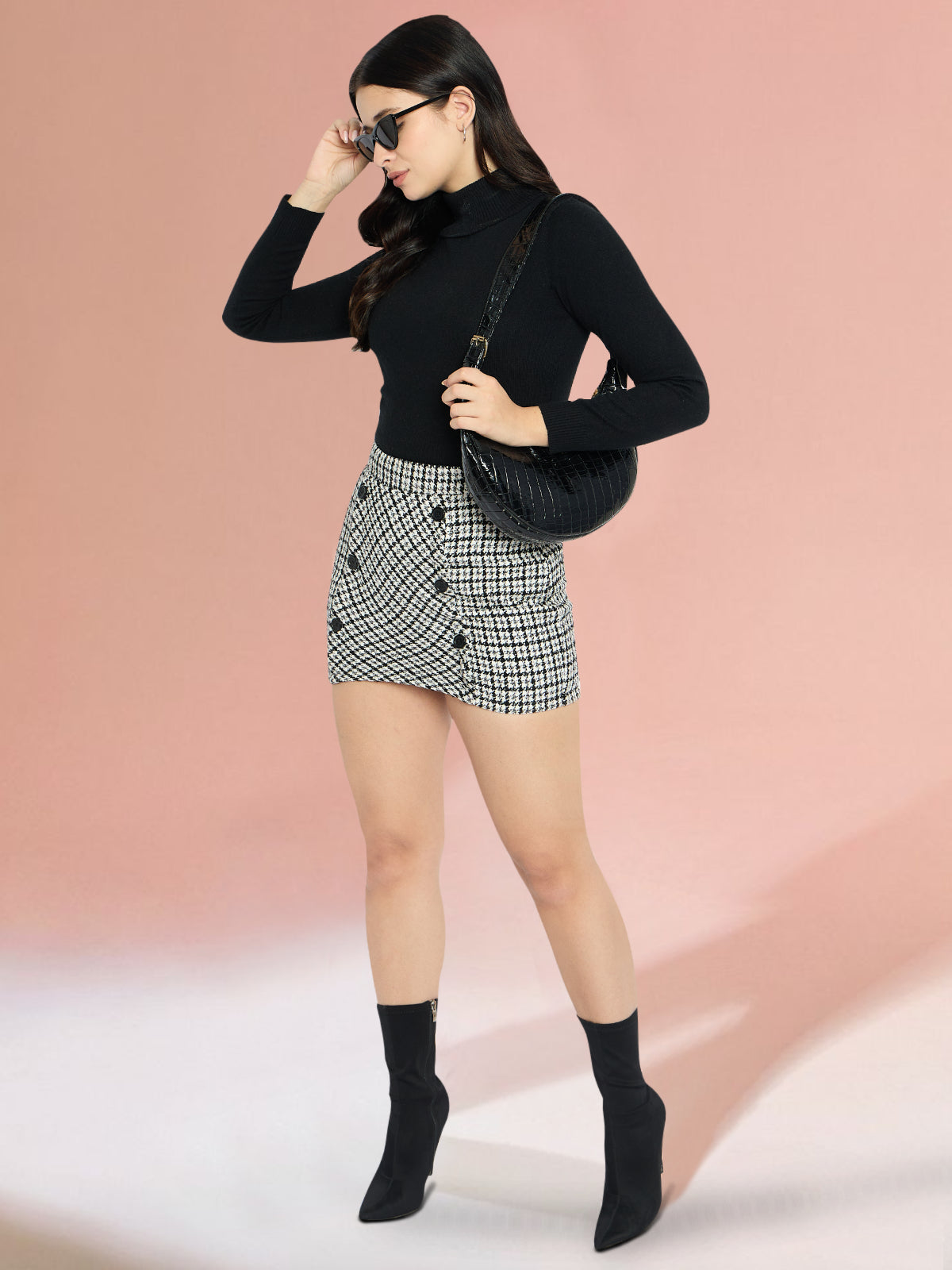 Women Western White Black Six Button Woolen Skirt