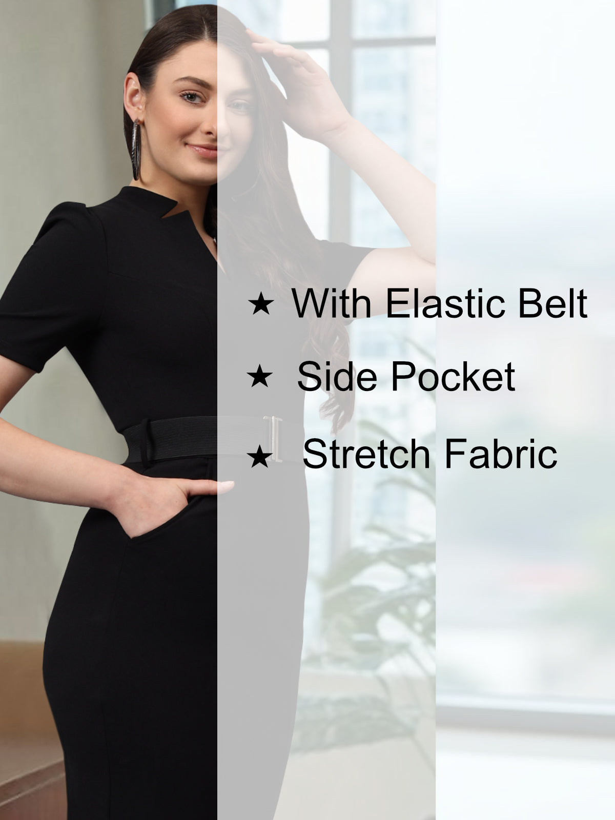 Women Black Elastic Belt Formal Dress
