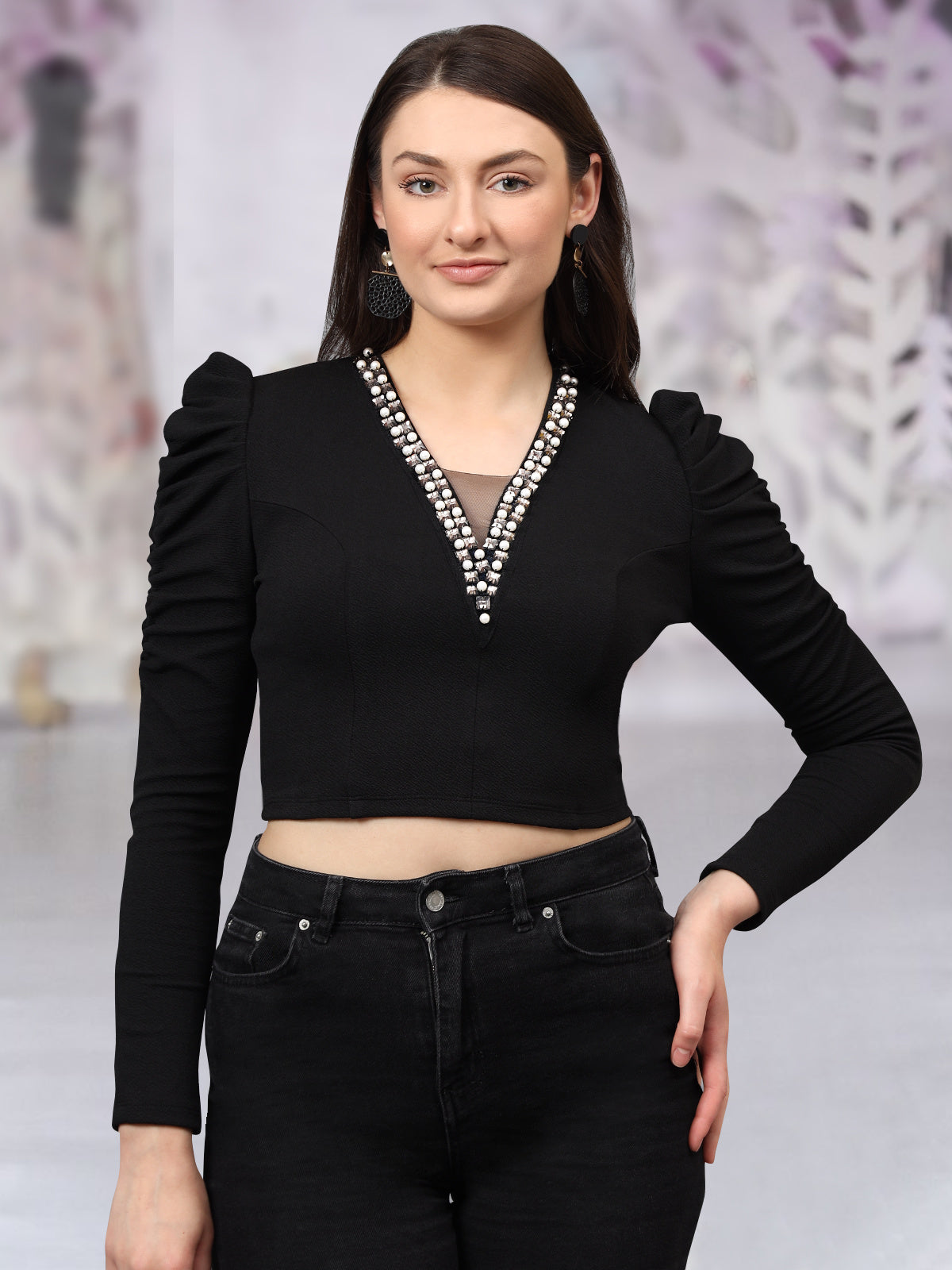 Women Black Embellished Western Crop Top