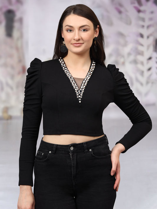 Women Black Embellished Western Crop Top