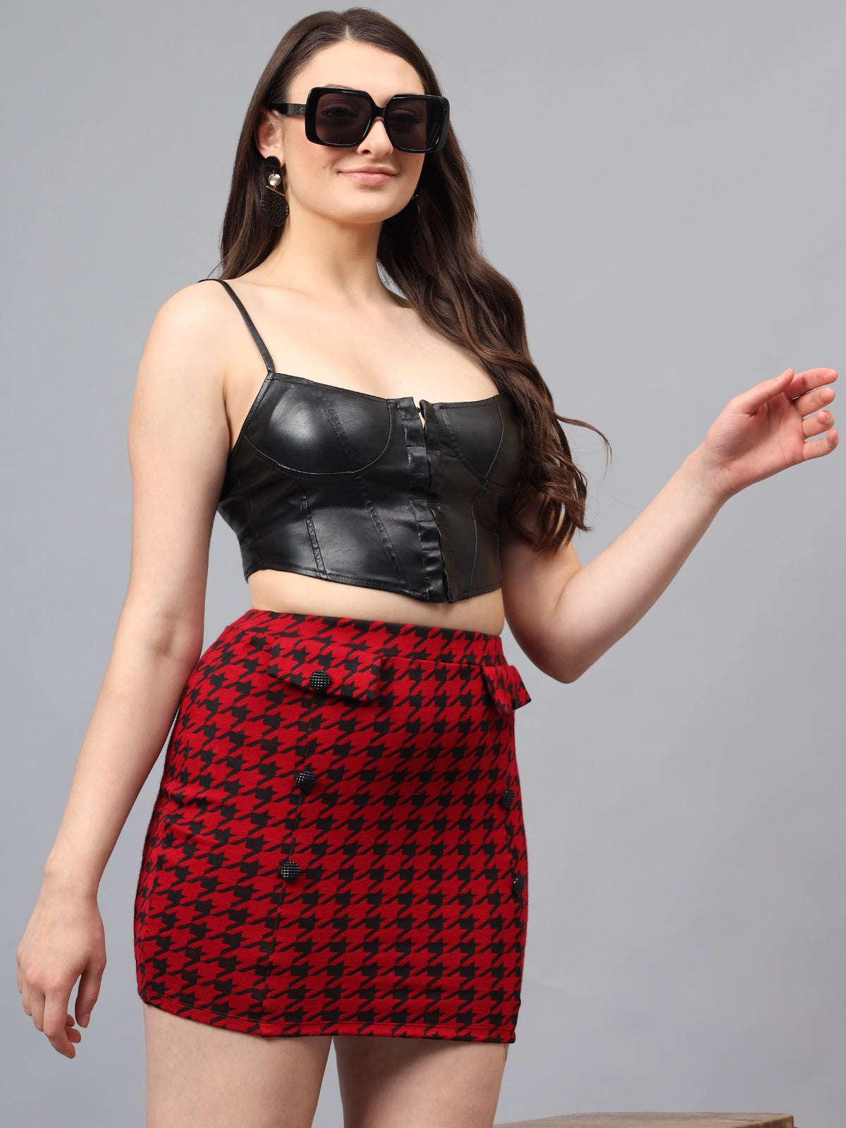 Women Red Black Houndstooth Mini Skirt