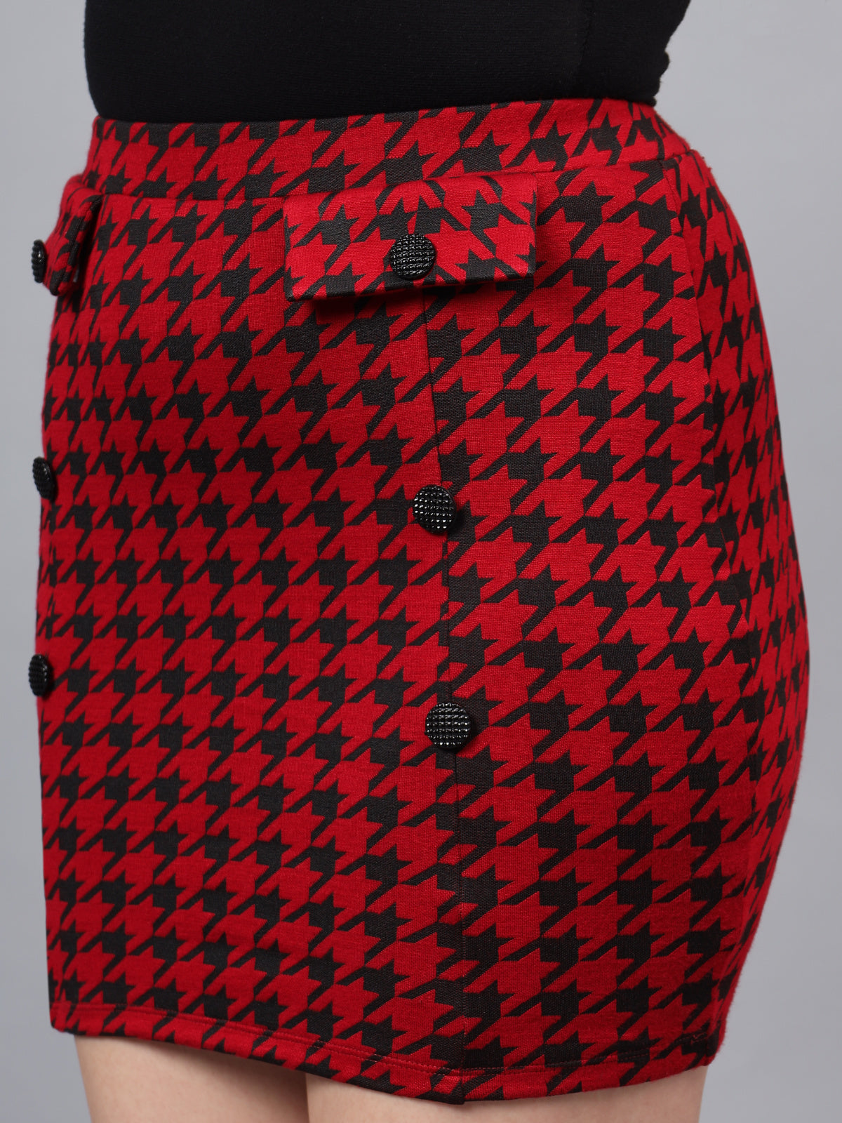 Women Red Black Houndstooth Mini Skirt