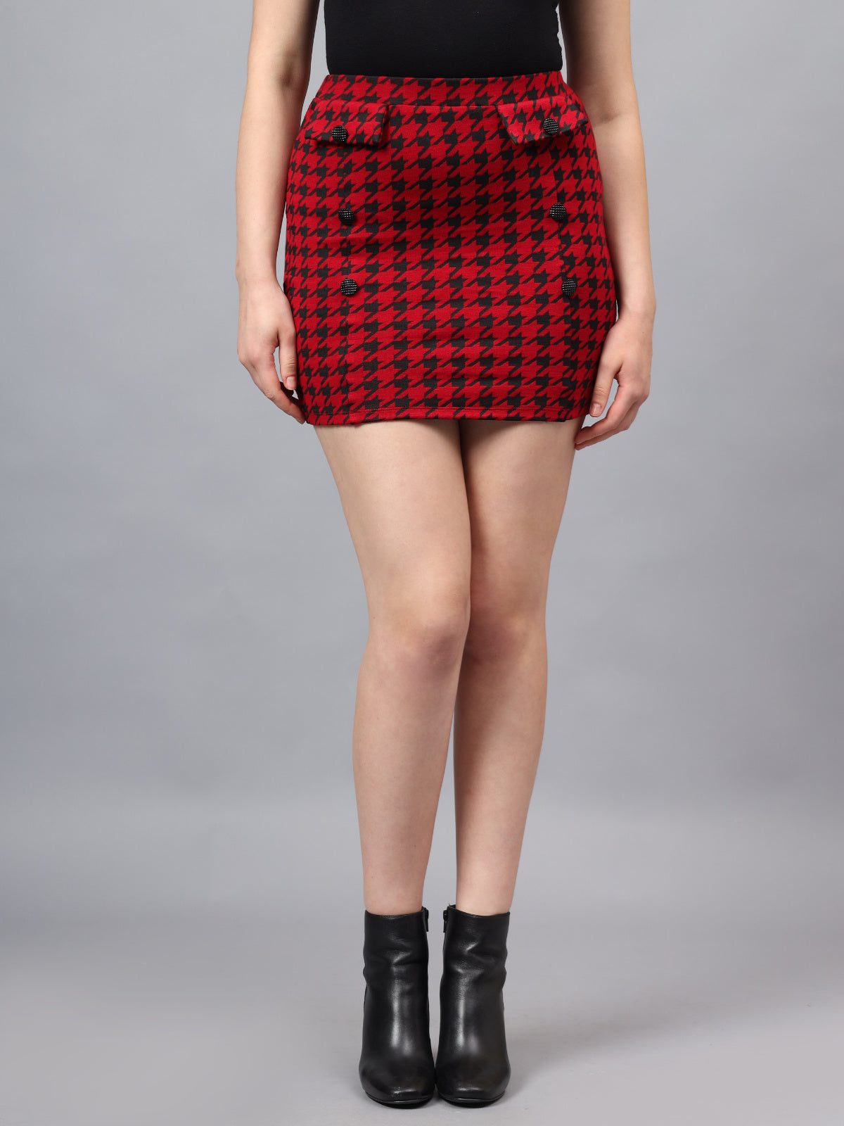 Women Red Black Houndstooth Mini Skirt