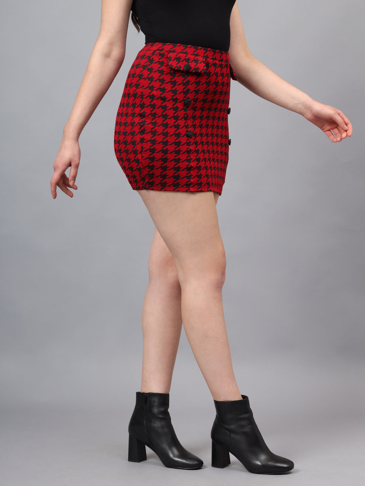 Women Red Black Houndstooth Mini Skirt