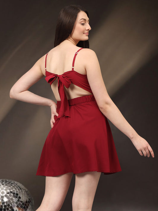Women Western Maroon Back Knot Dress