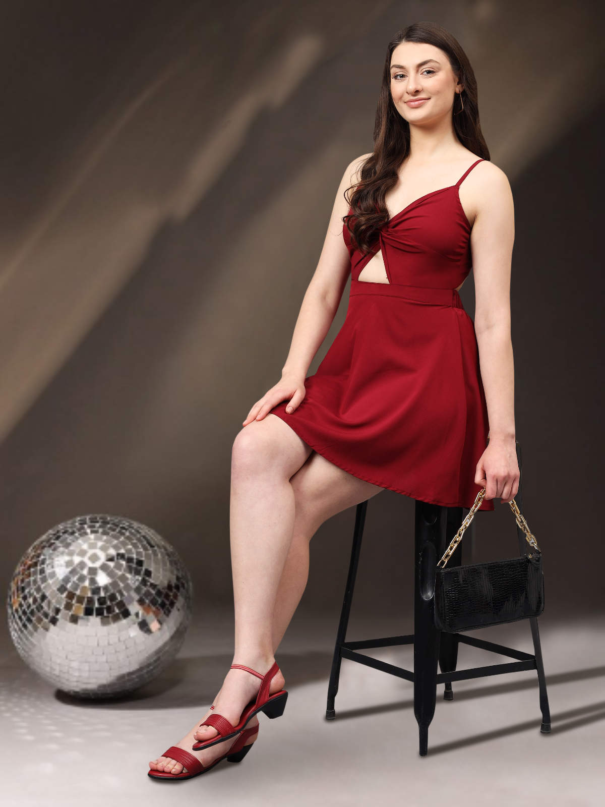 Women Western Maroon Back Knot Dress