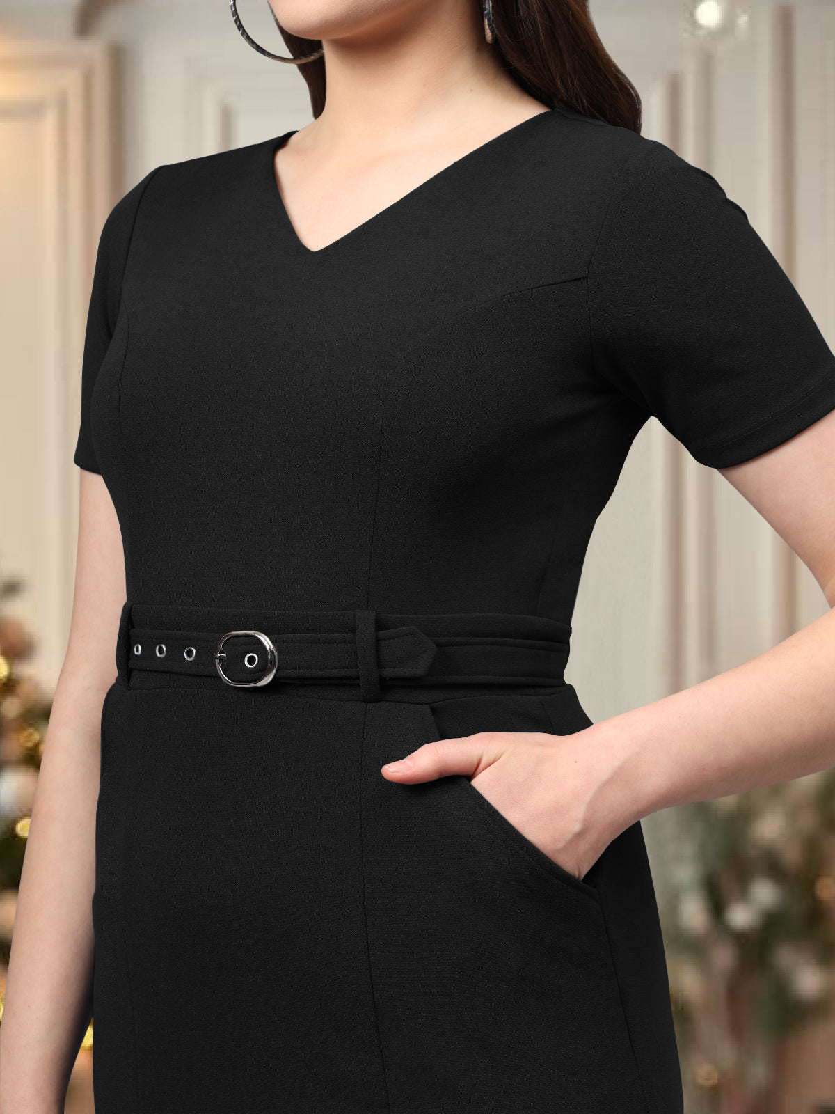 Women Black Formal Dress with Belt