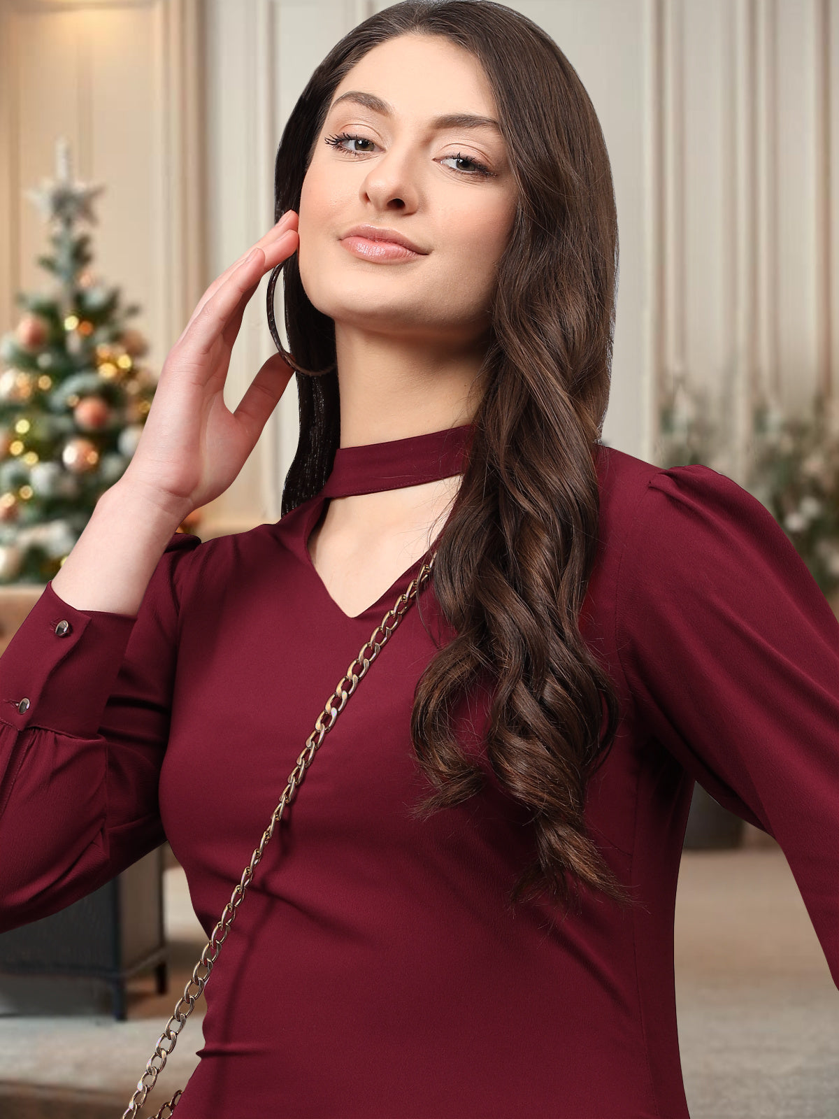 Women Maroon Choker Neck Mini Dress