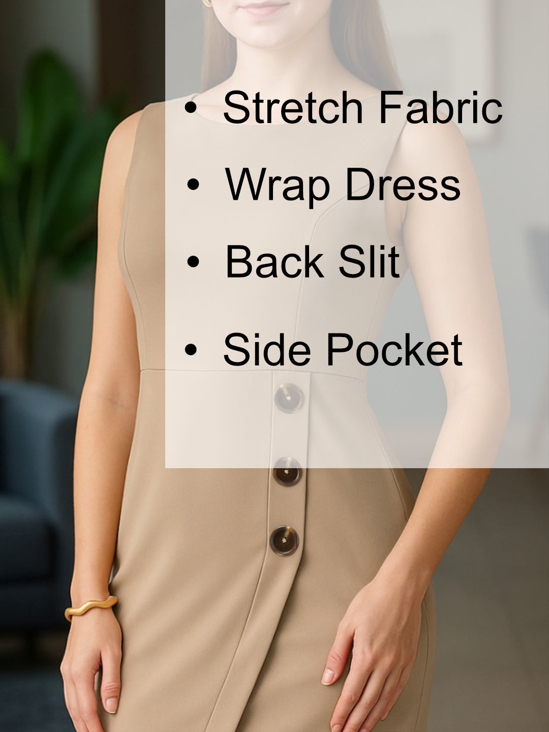 Women Beige 3 Button Formal Dress