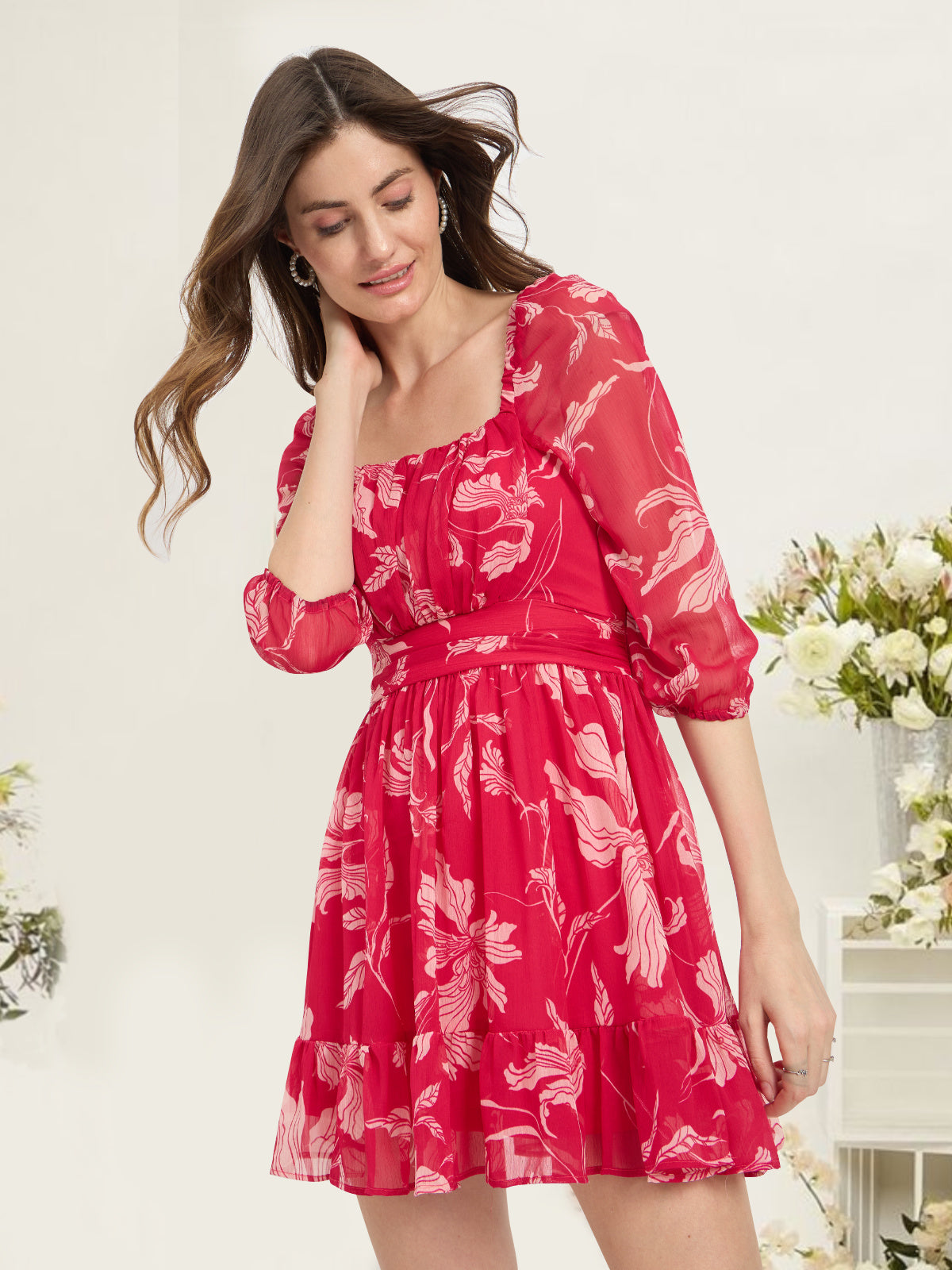 Women Pink White Back Knot Dress