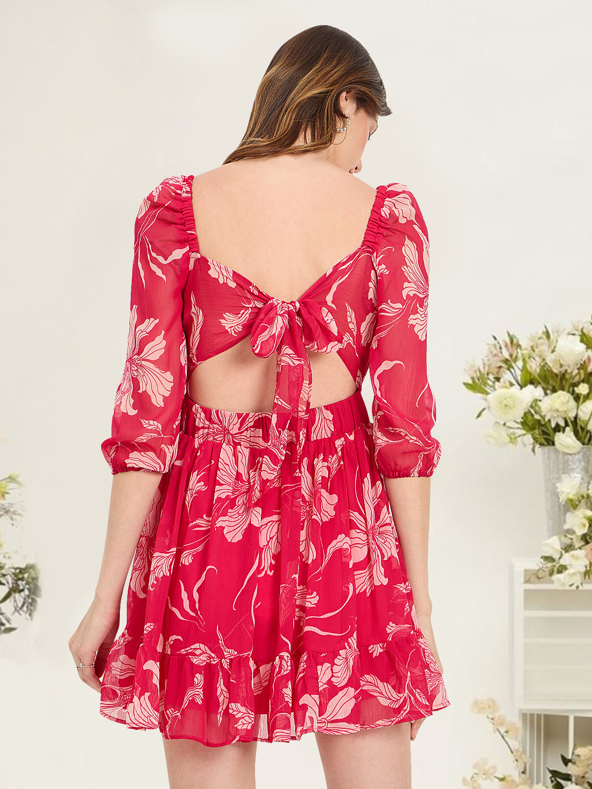 Women Pink White Back Knot Dress