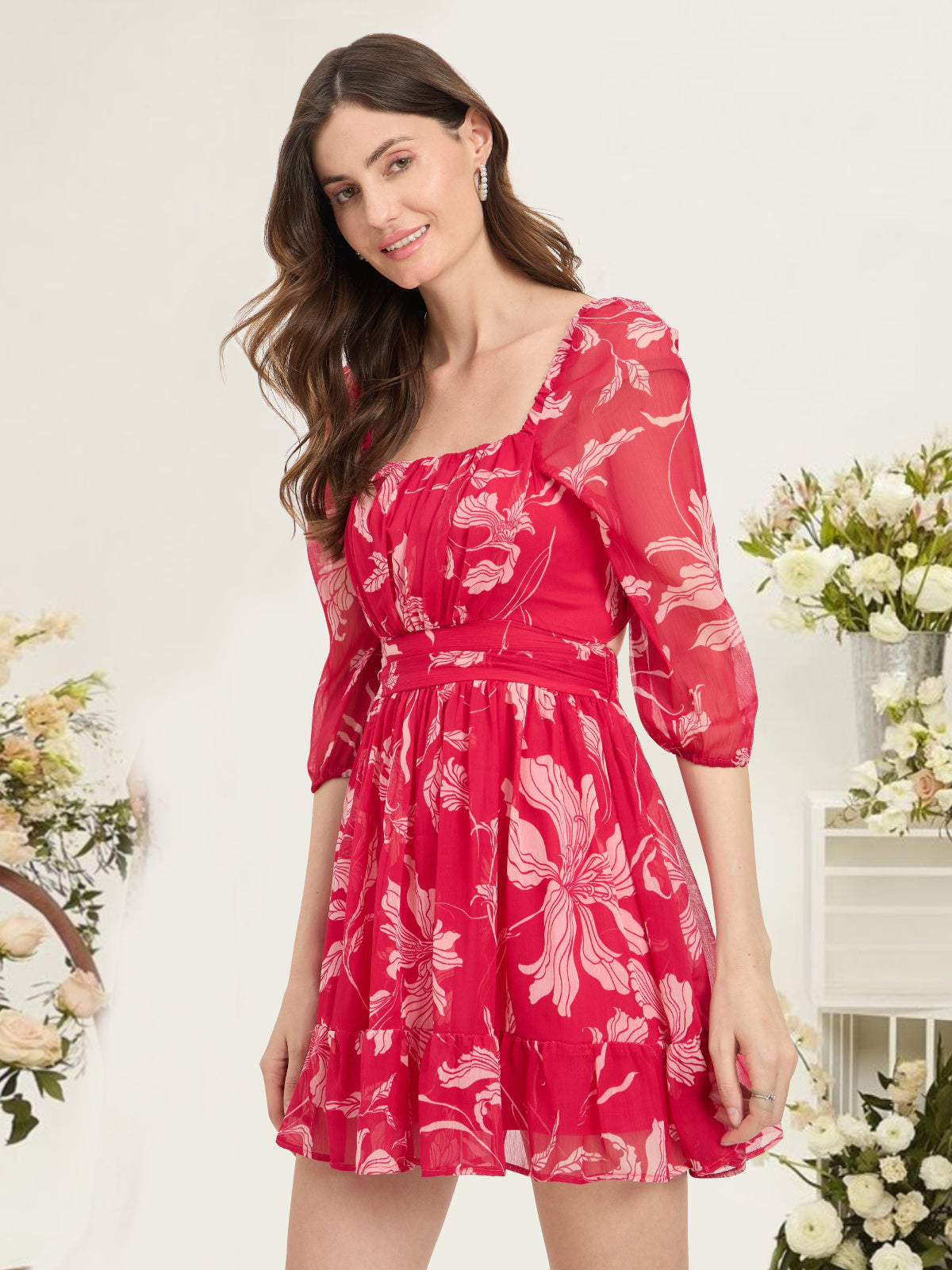 Women Pink White Back Knot Dress