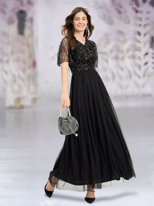 Women Black Sequin Cape Gown