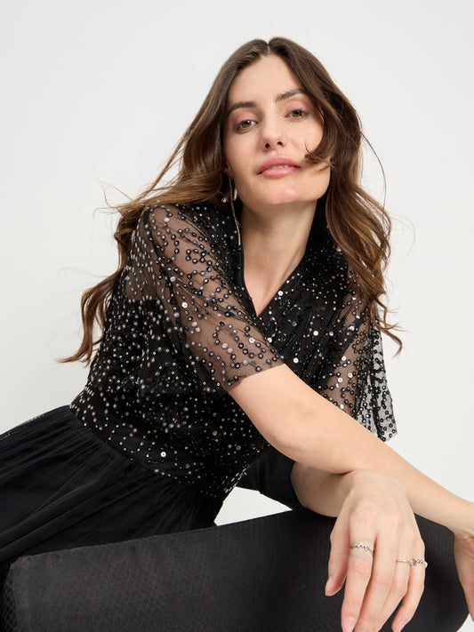 Women Black Sequin Cape Gown