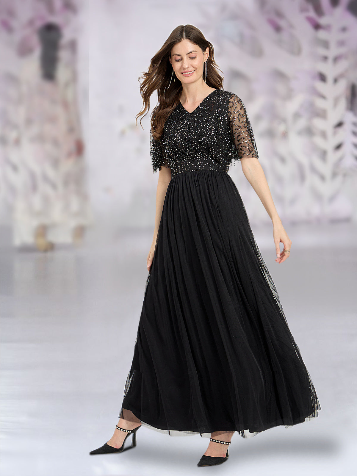 Women Black Sequin Cape Gown