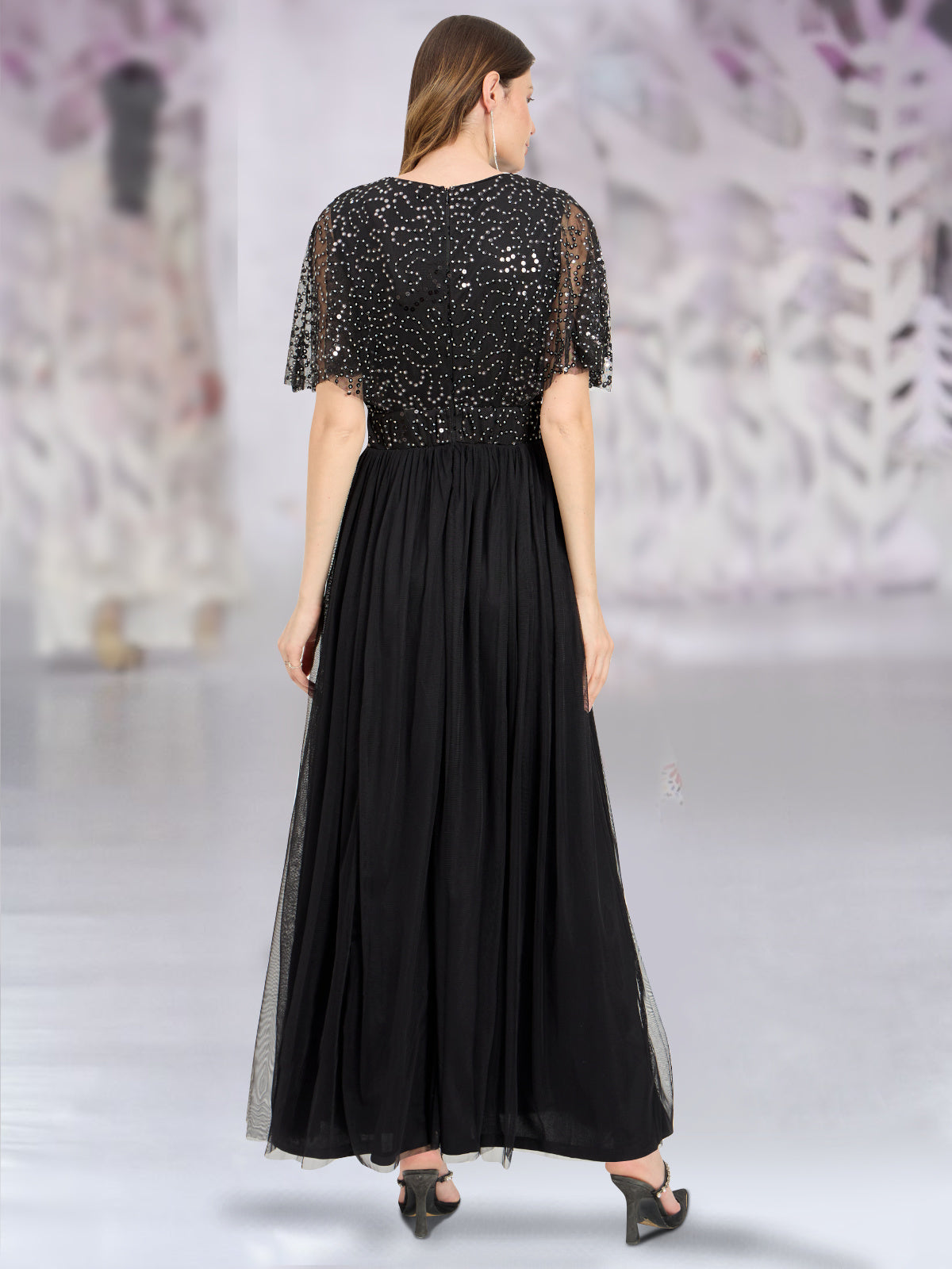 Women Black Sequin Cape Gown
