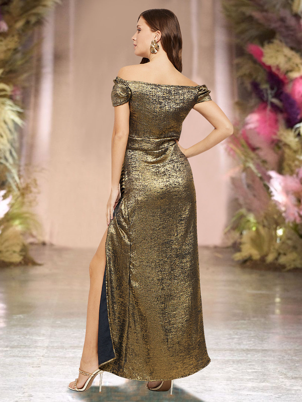 Women Golden Textured High Slit Gown