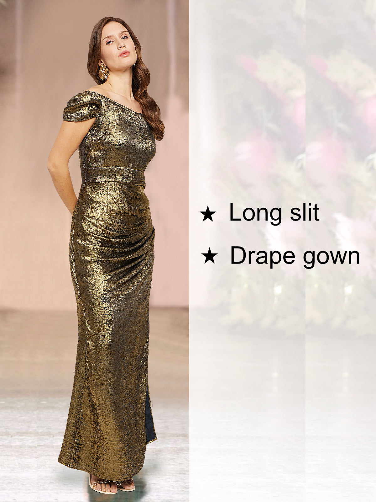 Women Golden Textured High Slit Gown