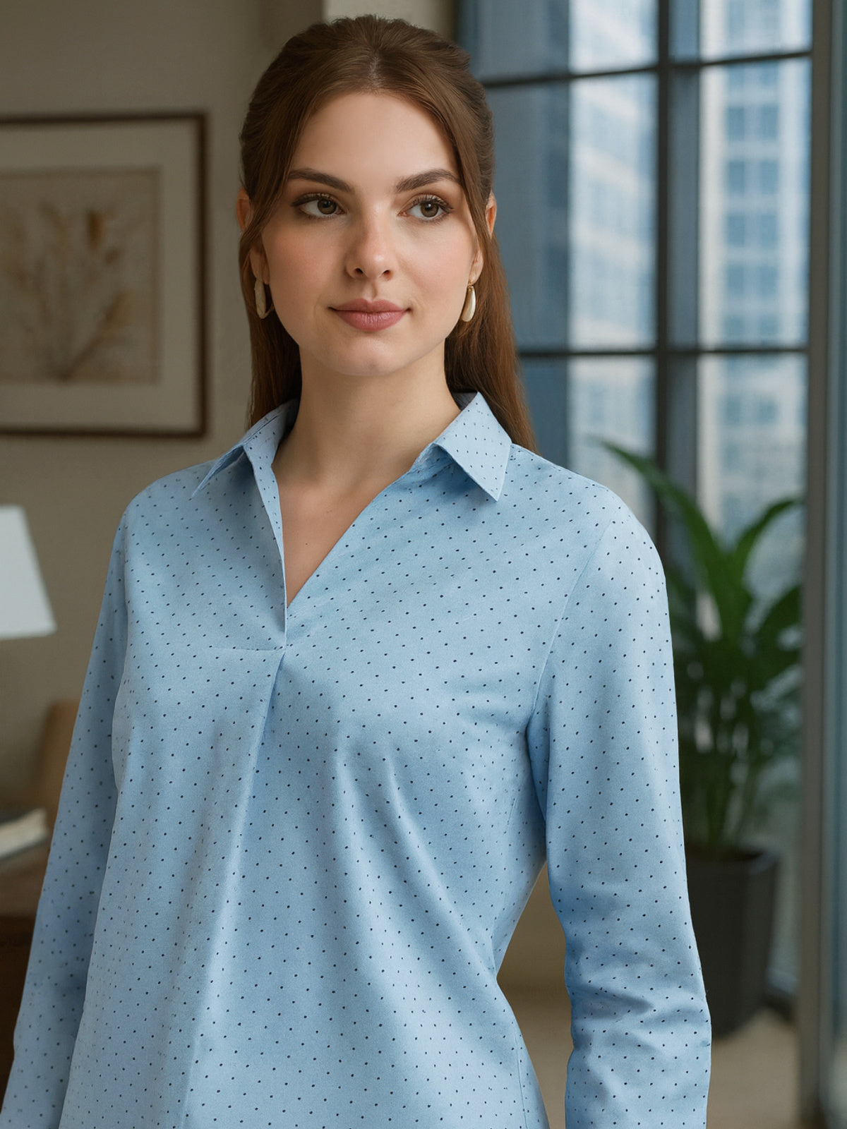 Women Blue Cotton Satin Formal Western Shirt