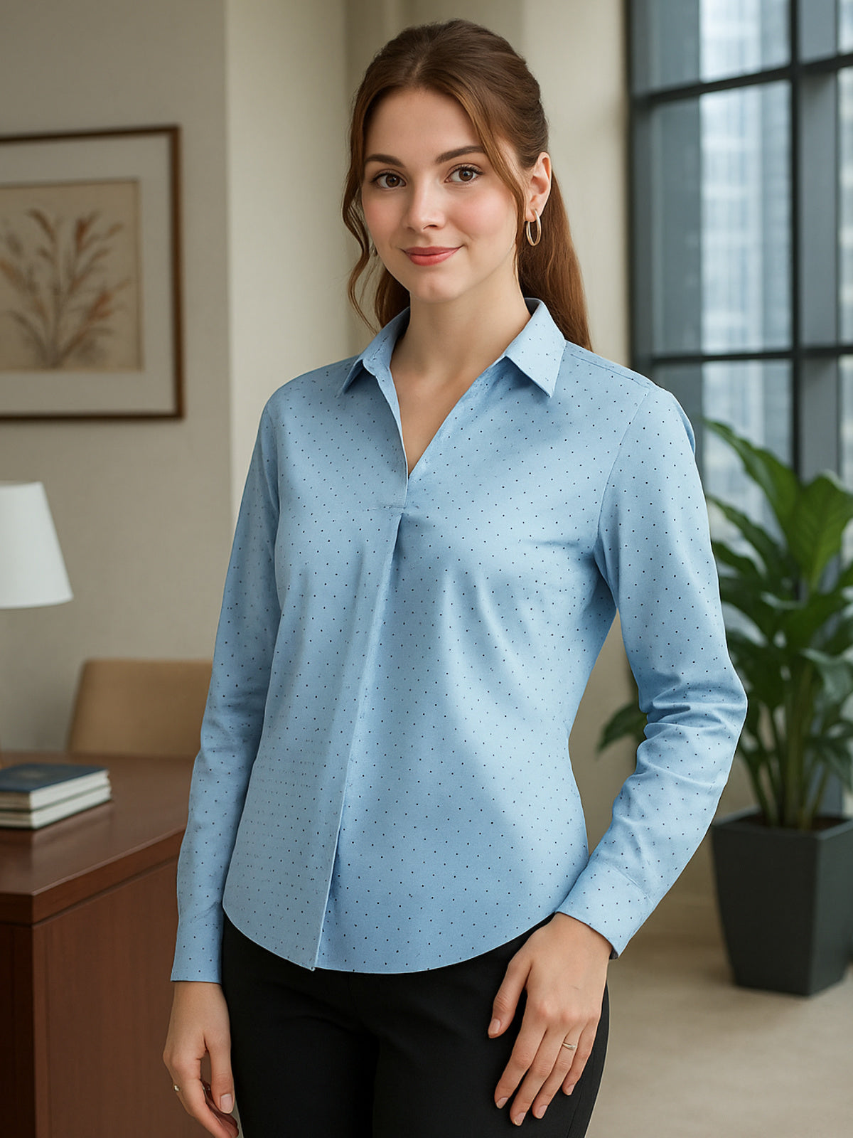 Women Blue Cotton Satin Formal Western Shirt