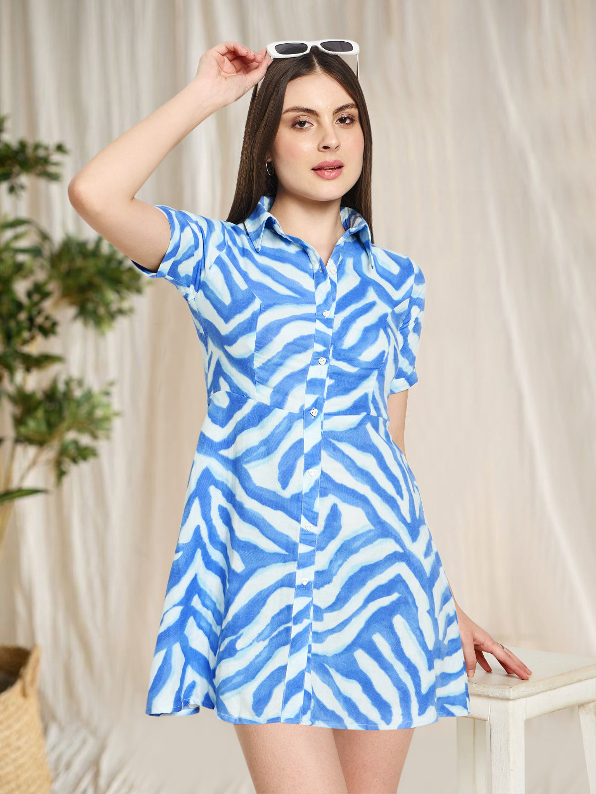 Women Blue White Double Cloth Dress