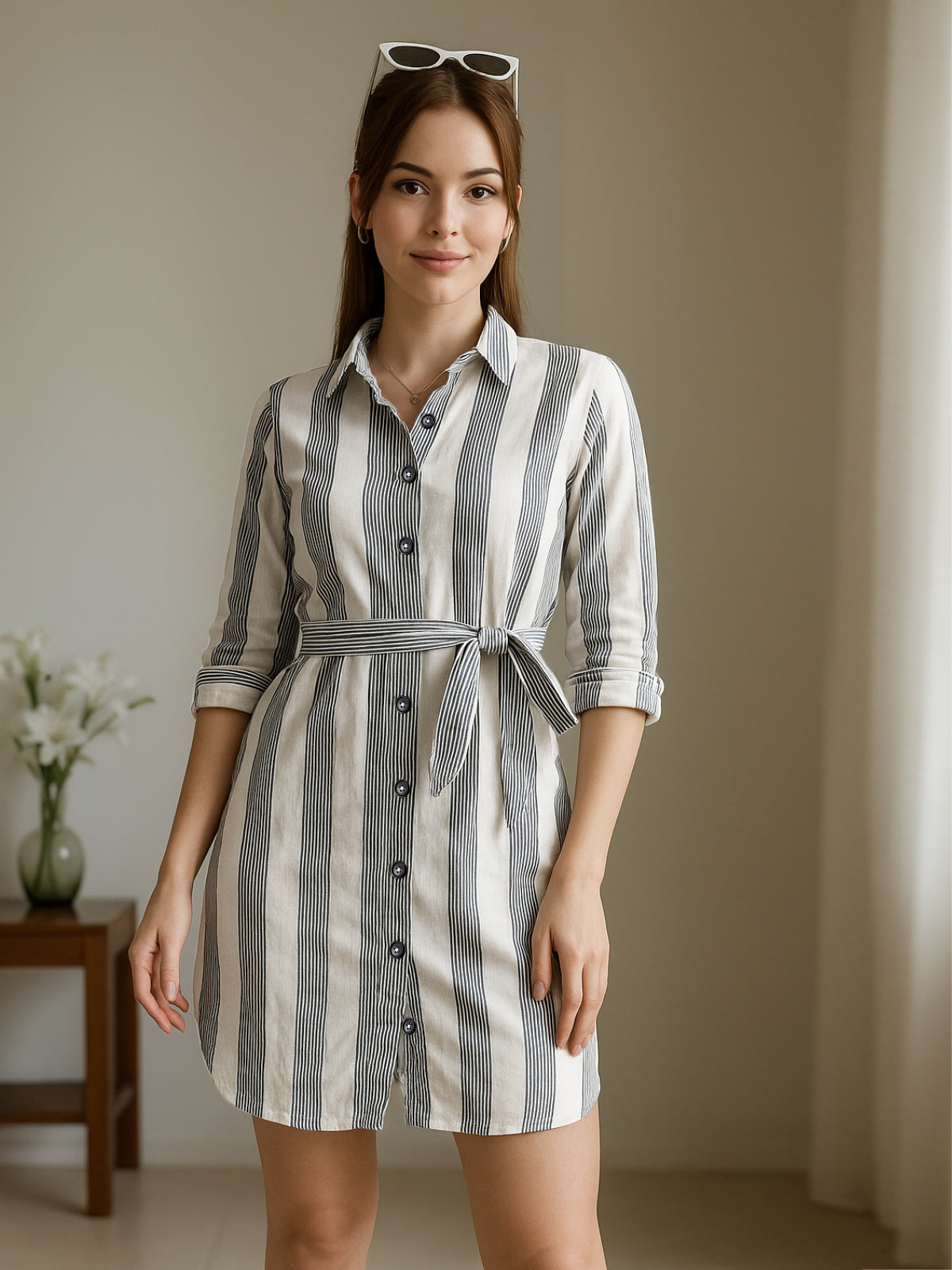 Women Black White Stripe Linen Shirt Dress