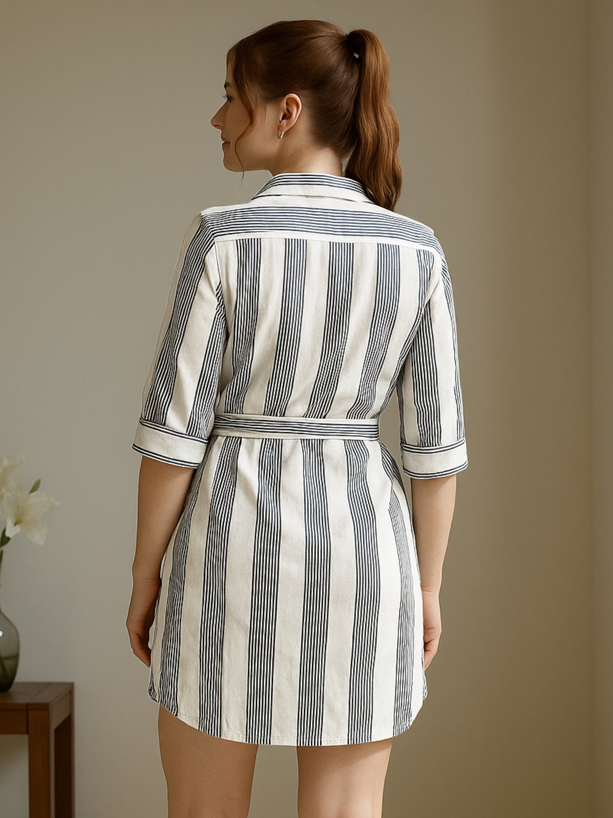 Women Black White Stripe Linen Shirt Dress