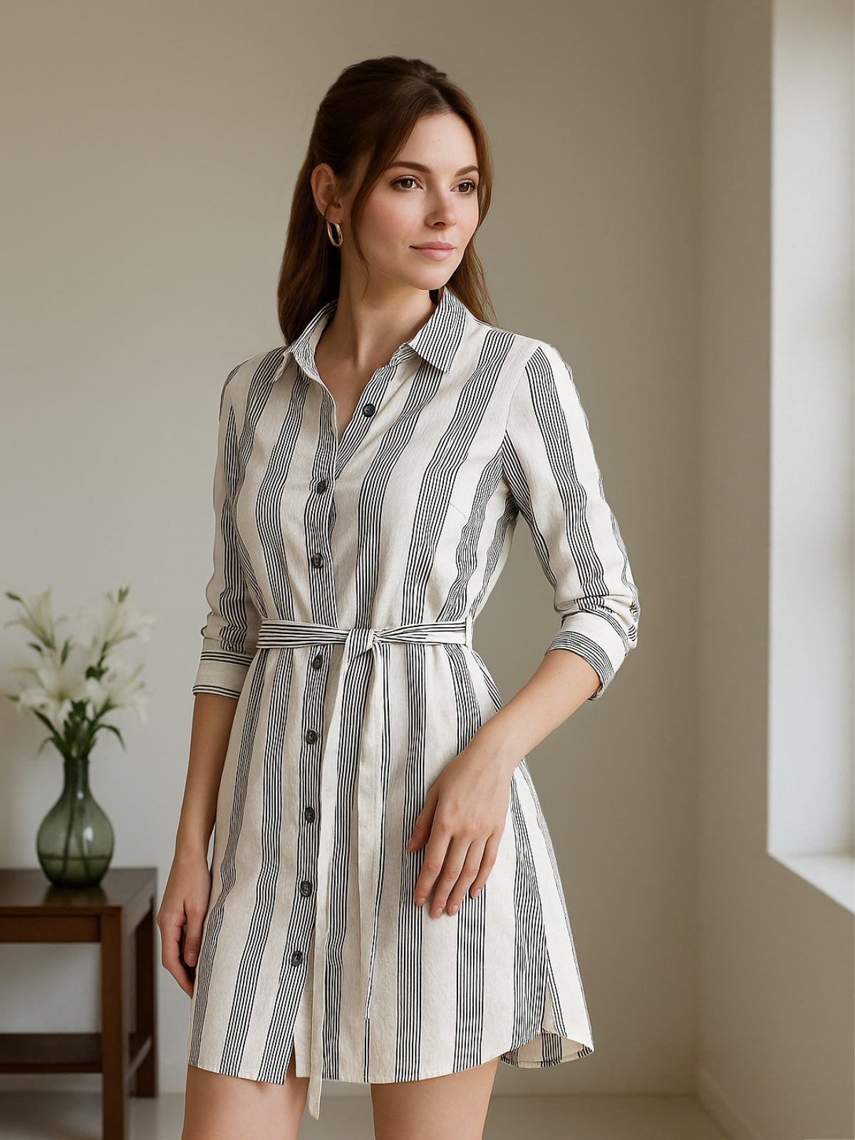 Women Black White Stripe Linen Shirt Dress