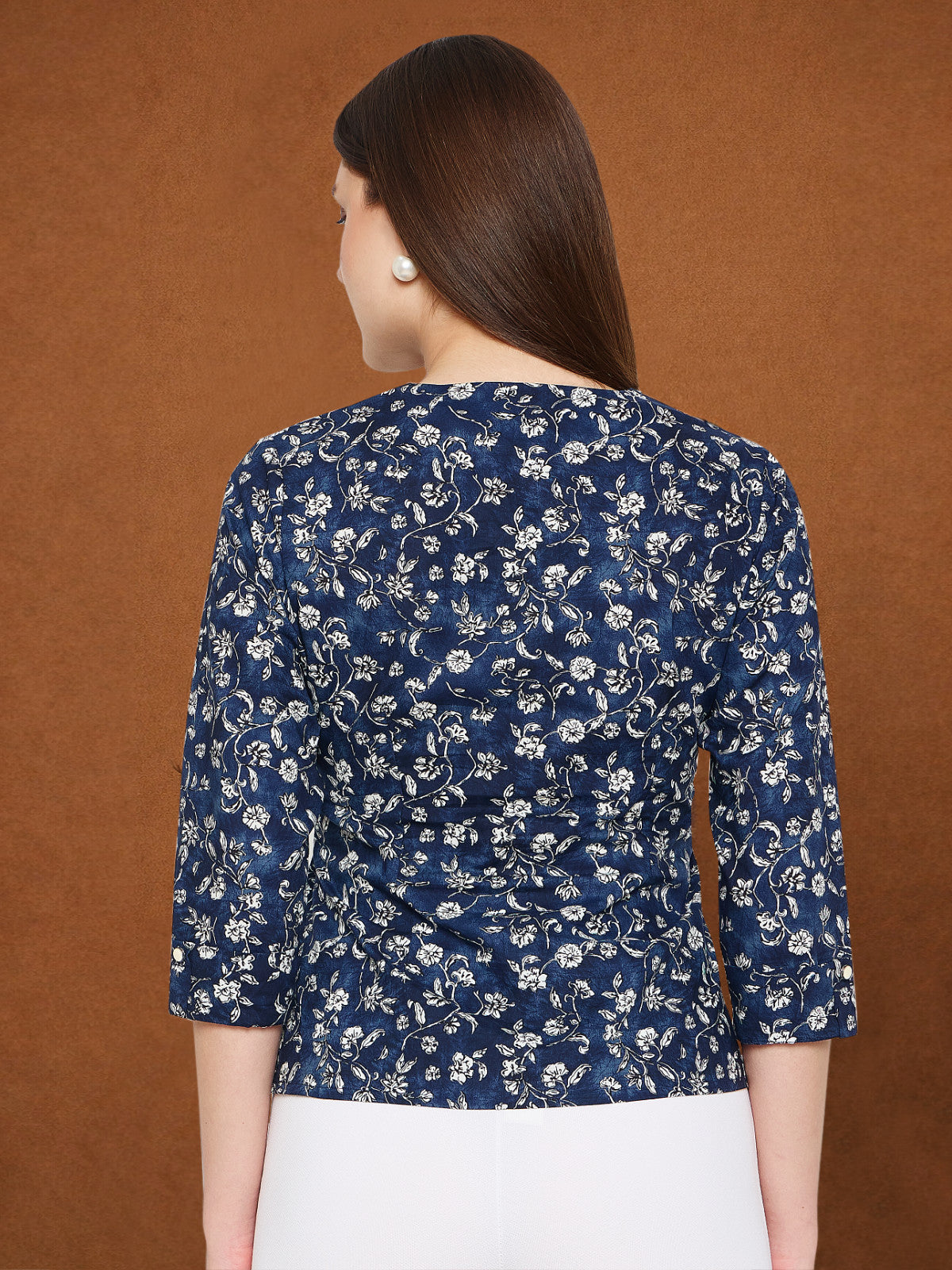 Women Navy Blue White Floral Tunic Top
