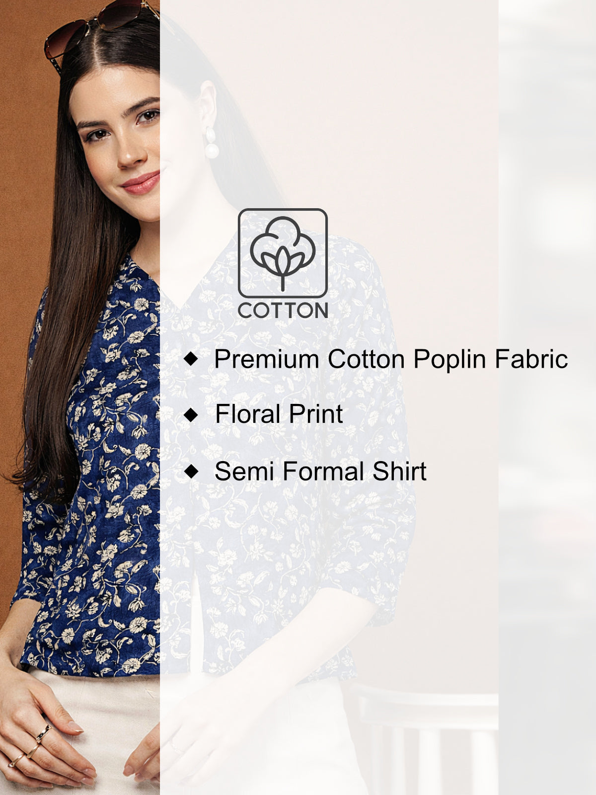 Women Navy Blue White Floral Tunic Top