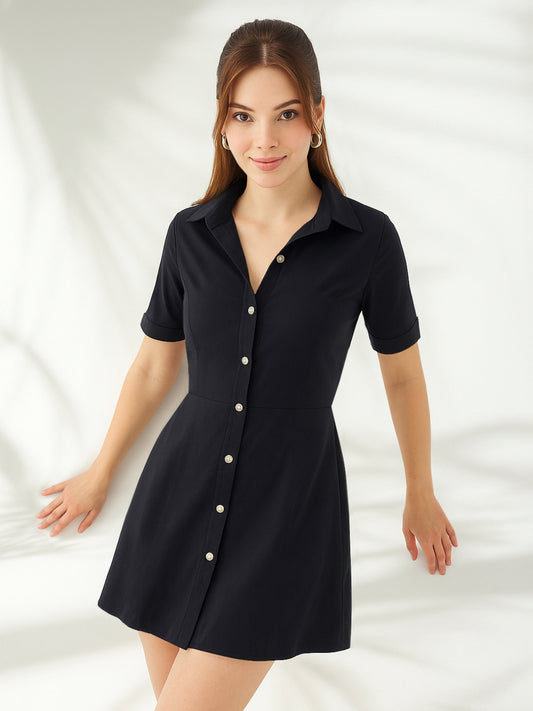 Women Black Poplin Short Flared Dress