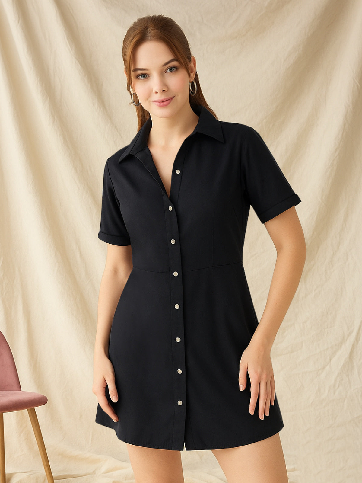 Women Black Poplin Short Flared Dress