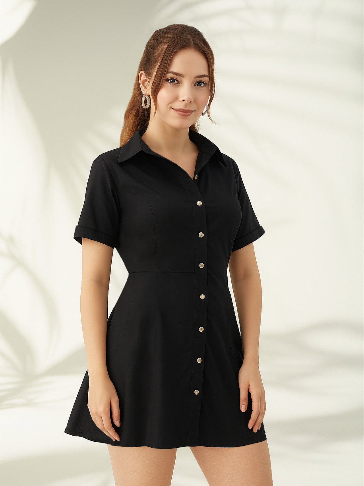 Women Black Poplin Short Flared Dress
