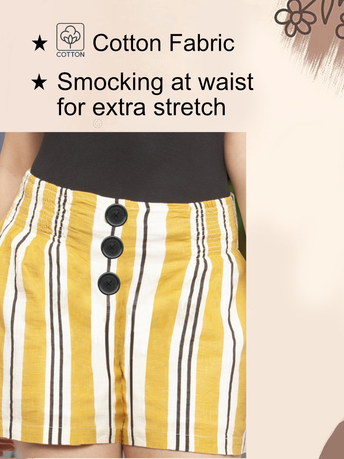 Women Yellow Stripe Buttoned Cotton Shorts