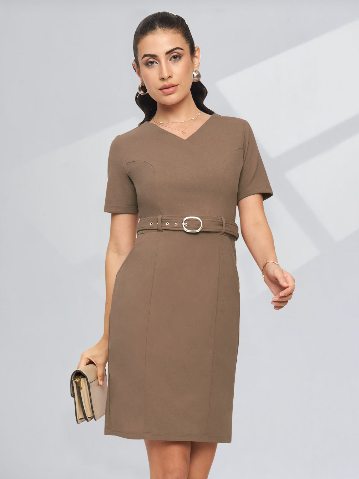Women Beige Formal Dress With Belt