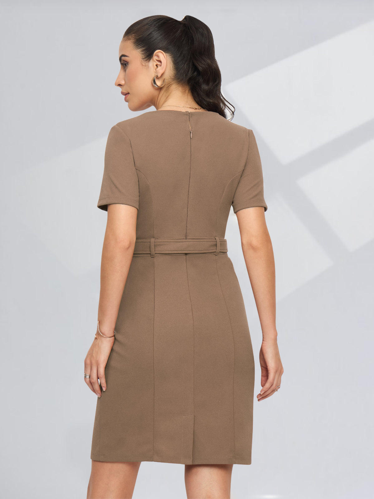 Women Beige Formal Dress With Belt