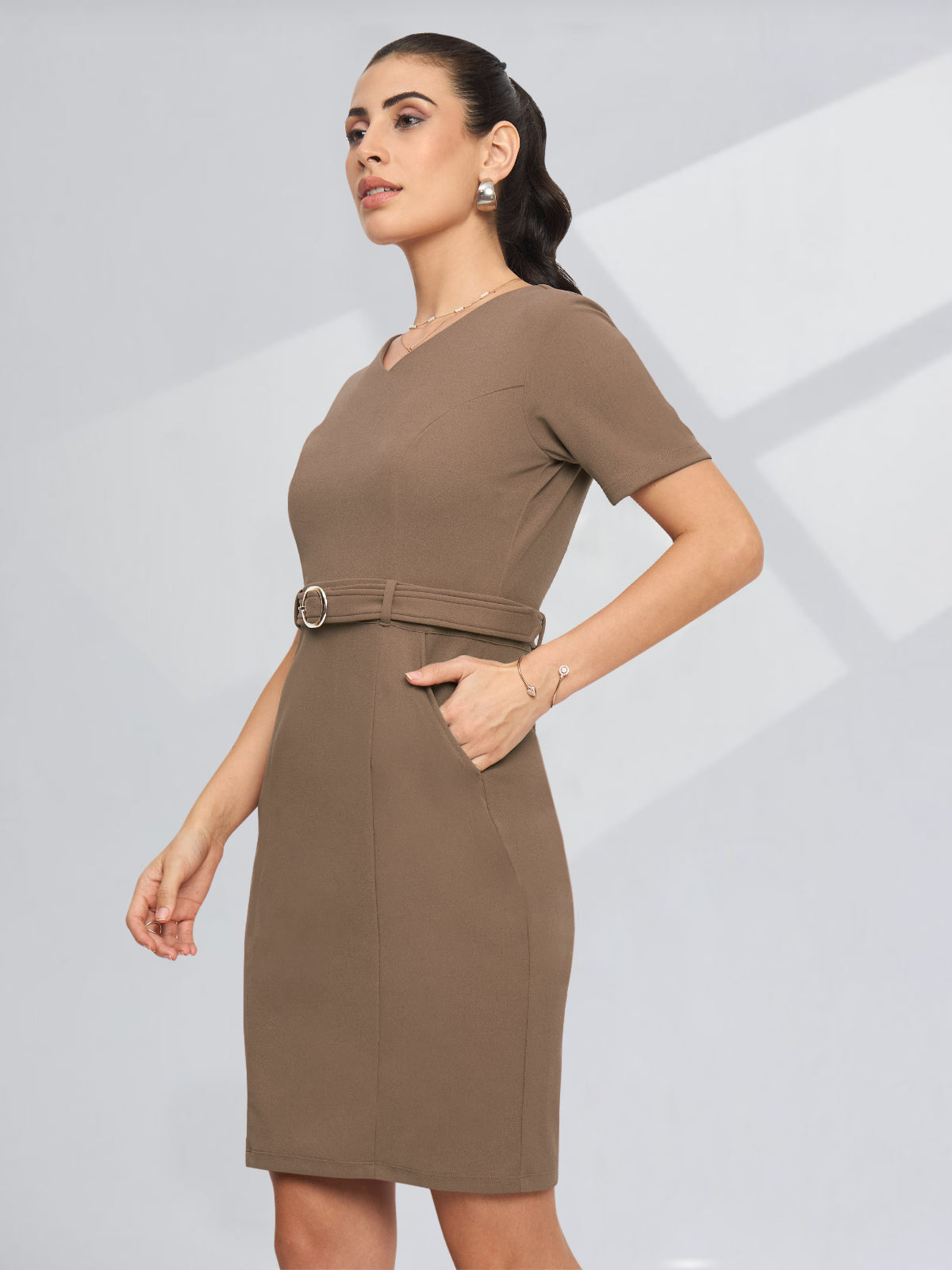 Women Beige Formal Dress With Belt