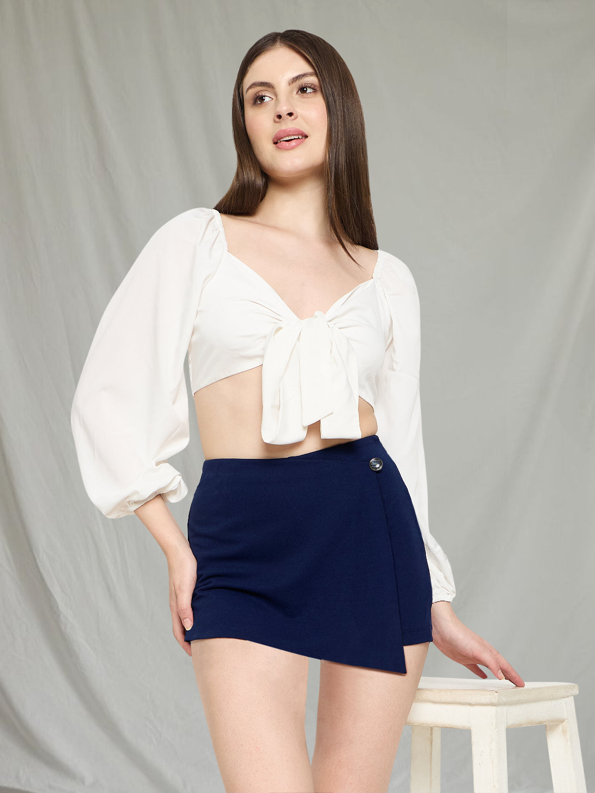 Women Blue One Button Skort