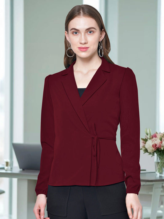 Women Maroon Lapel Knotting Top