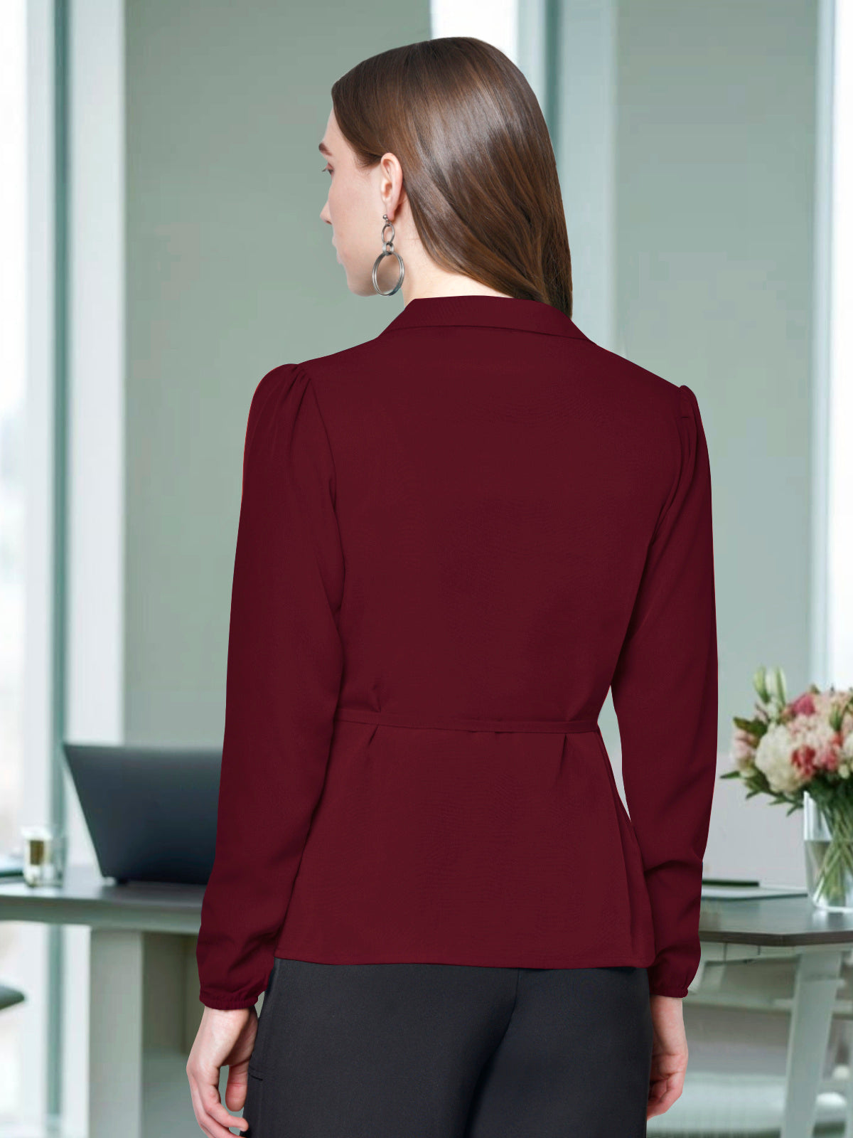 Women Maroon Lapel Knotting Top