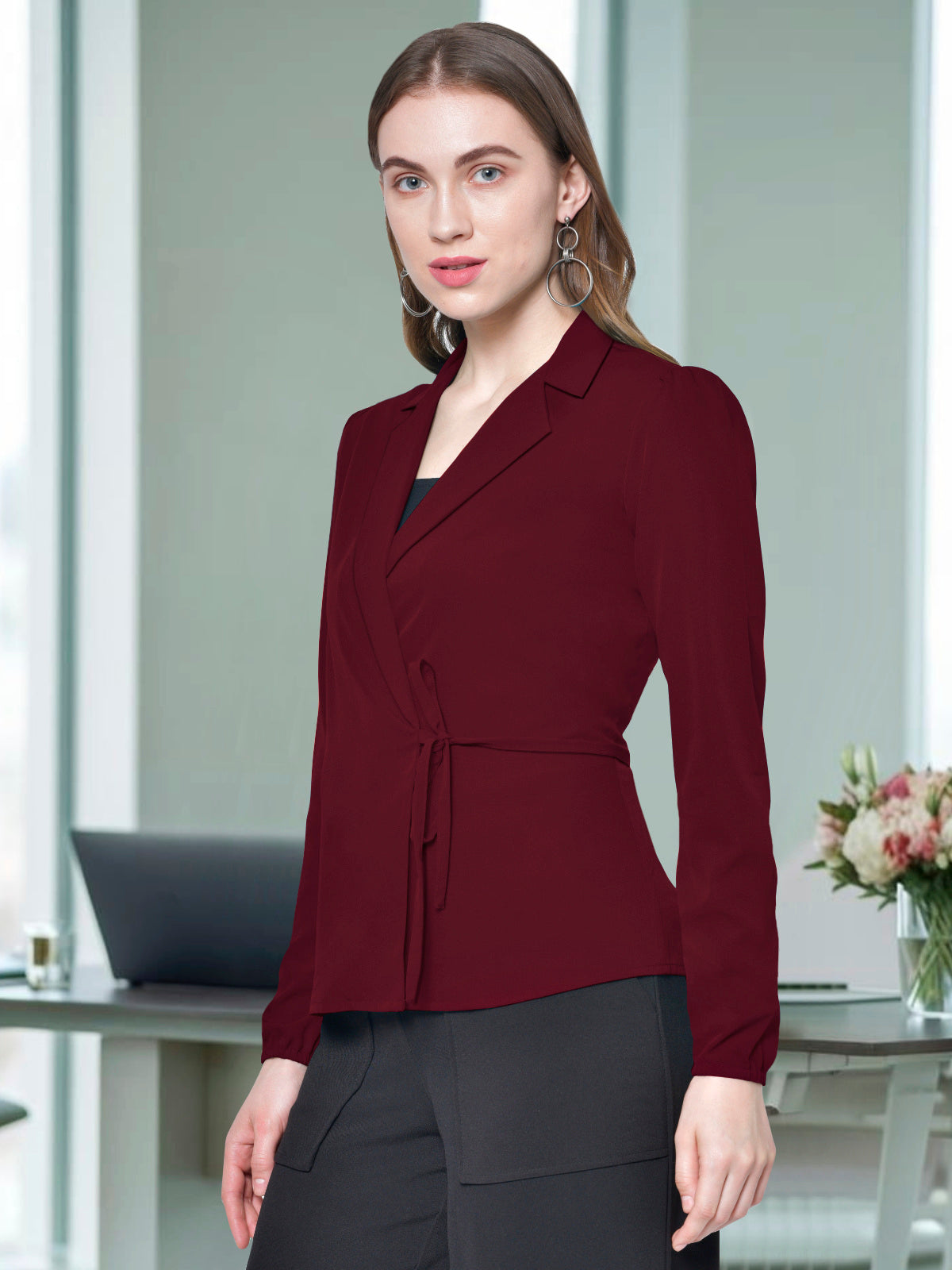 Women Maroon Lapel Knotting Top