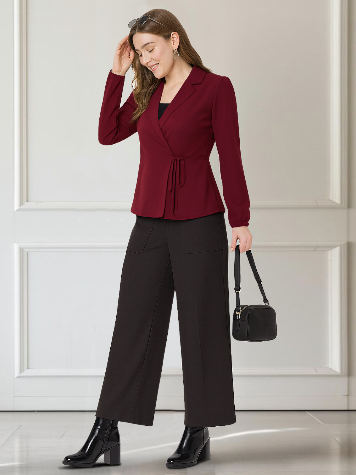Women Maroon Lapel Knotting Top